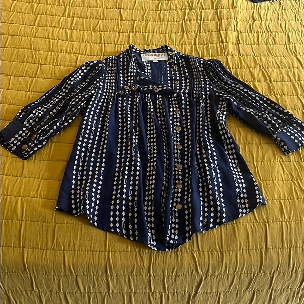 Lauren Moffatt Blue and White Blouse with Flowing Silhouette